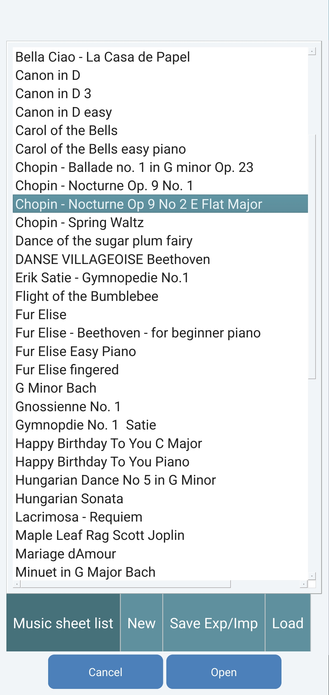 Song list screen